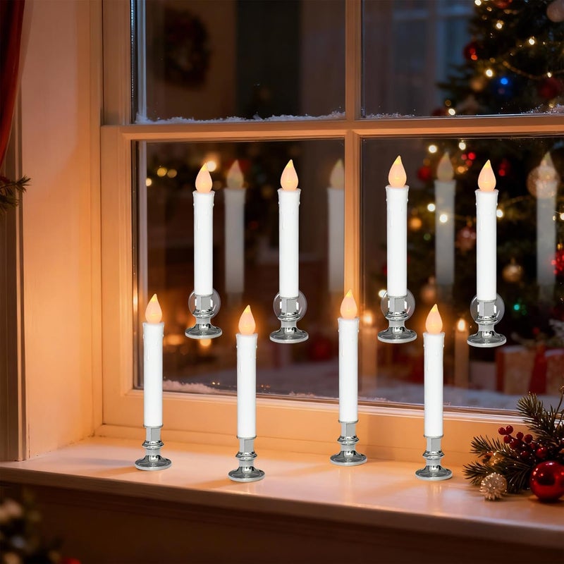 DRomance 9" Flameless Window Taper Candles Battery Operated with 8-Key Remote and Timer, 4 Pack White Christmas Holdiay Window Candles with Silver Holders, Suction Cups and AA Batteries Included - Image 4